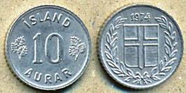 Исландия 10 аурар. 1974 год.