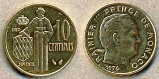 Монако 10 центимес. 1976 год.