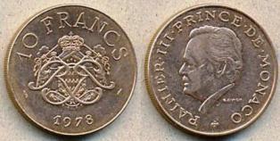 Монако 10 франков. 1978 год.