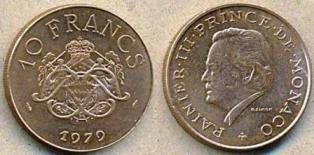 Монако 10 франков. 1979 год.