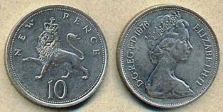 Великобритания 10 новых пени. 1976 год.