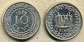 Суринам 10 центов. 1989 год.