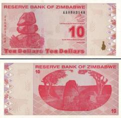 Зимбабве 10 долларов. 2009 год.