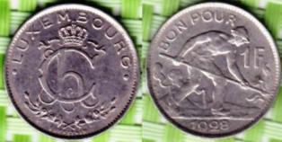 Люксембург 1 франк 1928 года.