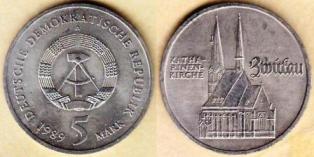 ГДР. 5 марок 1989 года "Кирха Св.Екатерины"