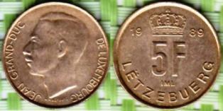 Люксембург 5 франков 1989 года.
