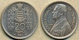 Монако 20 франков. 1947 год.