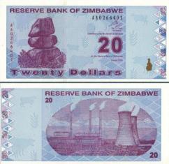 Зимбабве 20 долларов. 2009 год.