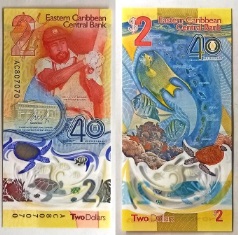 Восточно-Карибские острова 2 доллара. 2023 год. "40 лет Центральному банку". Полимерная.