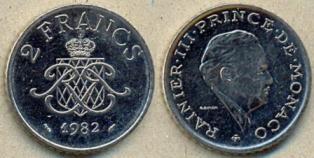 Монако 2 франка. 1982 год.