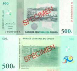 Конго 500 франков 2010 года. "50 лет независимости" образец