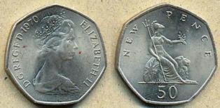 Великобритания 50 новых пени. 1970 год.