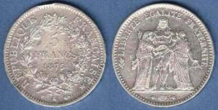 Франция 5 франков. 1875 год. "К"