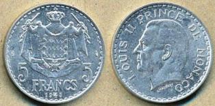 Монако 5 франков. 1945 год.