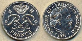 Монако 5 франков. 1971 год.