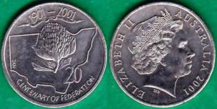 Австралия 20 центов 2001 года "100-летие Федерации. Новый Южный Уэльс."