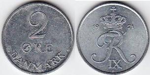 Дания 2 эре образца 1956-1971 года.