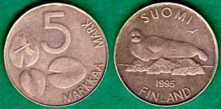 Финляндия 5 марок образца 1992-2000 года.