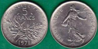 Франция 5 франков 1971 года.