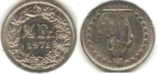 Швейцария 1/2 франка образца 1968-1981 года.