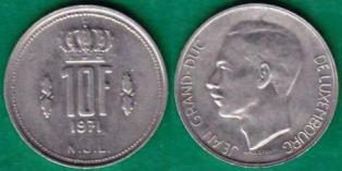 Люксембург 10 франков 1971 года