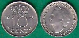 Нидерланды. 10 центов 1948 года.
