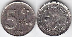 Турция 5 новых  куруш 2006 года.