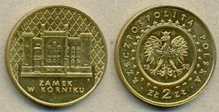 Польша 2 злотых. 1998 год.  замок в Корнуку
